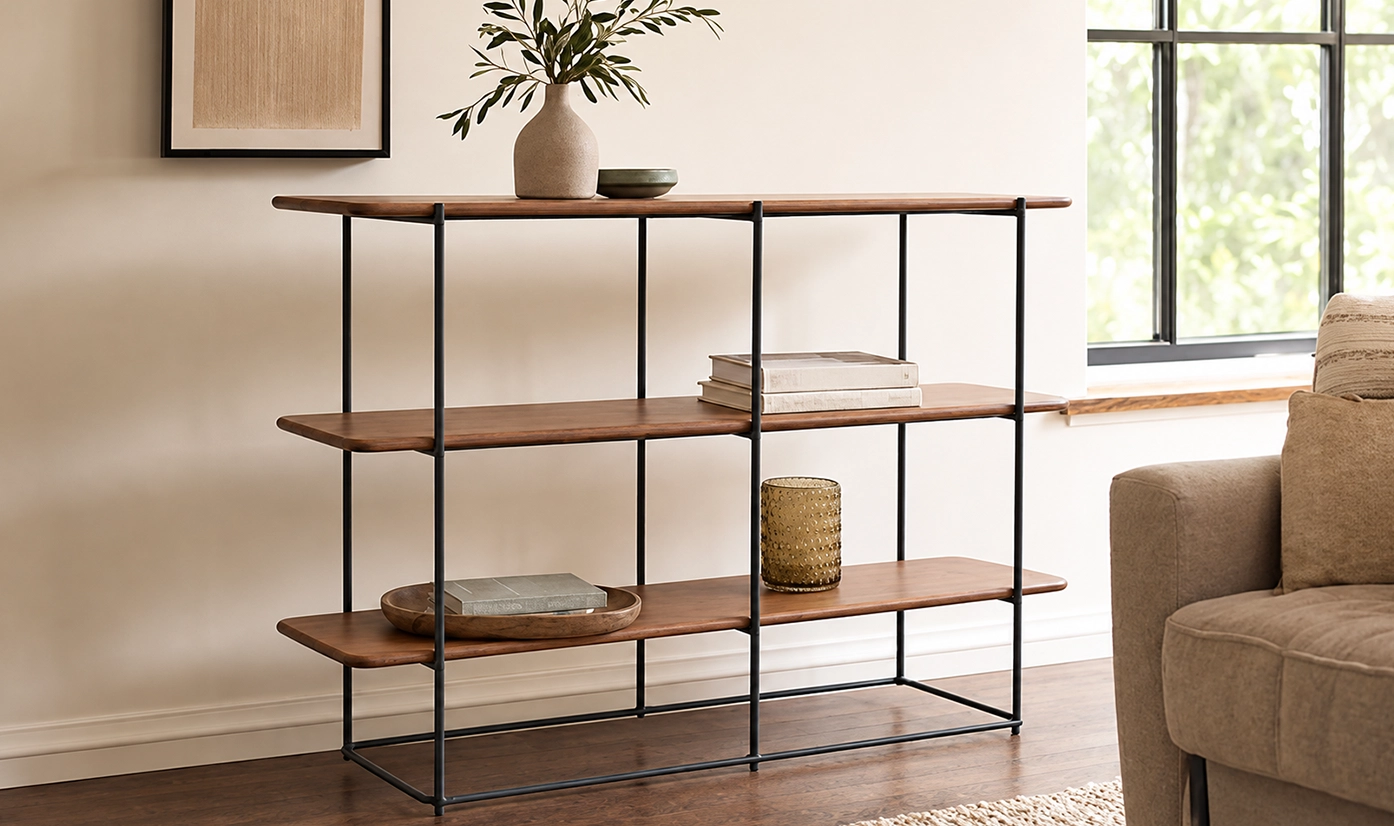 Three-tier console shelf with walnut wood shelves and black metal frame